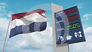 Flag of Netherlands and gas station sign board with rising fuel prices. Conceptual 3D animation
