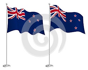 Flag of New zealand on flagpole waving in wind. Holiday design element. Checkpoint for map symbols. Isolated vector on white