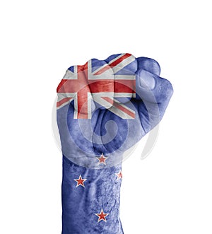 Flag of New Zealand painted on human fist like victory symbol