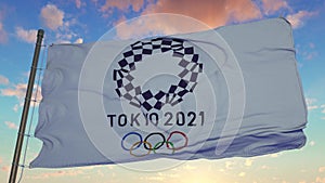 Flag of the olympic games in Tokyo 2021 fluttering in the wind. 3d rendering