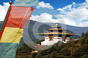 Flag on a Pagoda in the Kingdom Bhutan in the Himalaya Mountains