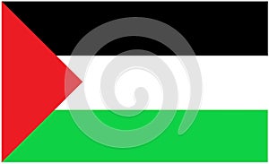 The flag of Palestine with three equal horizontal bands of black white green and a red triangle at hoist side