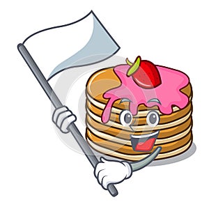 With flag pancake with strawberry mascot cartoon