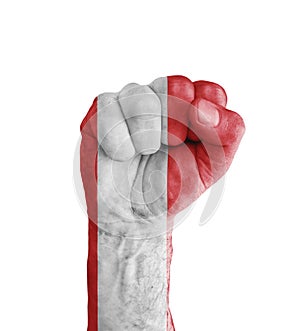 Flag of Peru painted on human fist like victory symbol