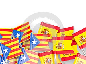 Flag pins of Catalonia and Spain isolated on white