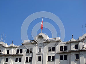 The flag on Plaza de Armas, Plaza Mayor, Lima city, Peru, South America