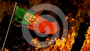 flag of Portugal on burning fire backdrop - hard times concept - abstract 3D illustration
