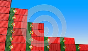 Flag of Portugal on containers forming declining trend of graph. National crisis or meltdown related conceptual 3D