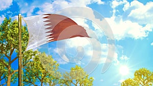 flag of Qatar at sunny day, coming spring symbol - nature 3D rendering