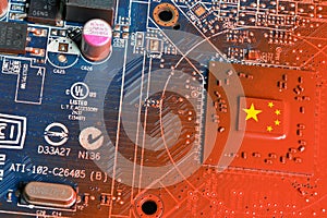 Flag of the Republic of China on the Core of a Processor of a printed electronic circuit board. Concept for supremacy in global