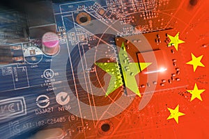 Flag of the Republic of China on the Core of a Processor of a printed electronic circuit board. Concept for supremacy in global