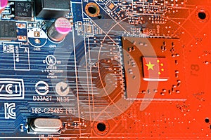 Flag of the Republic of China on the Core of a Processor of a printed electronic circuit board. Concept for supremacy in global