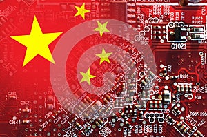 Flag of the Republic of China on microchips of a printed electronic card. Concept for supremacy in global microchip and