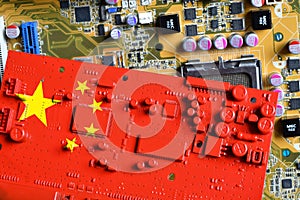 Flag of the Republic of China on a red painted printed circuit board. Concept for supremacy in global microchip and semiconductor