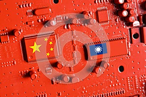 Flag of the Republic of China and Taiwan on the chips of a red painted printed electronic circuit board. Concept for supremacy in