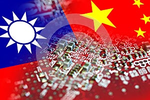 Flag of the Republic of China and Taiwan on microchips of a electronic printed board. Taiwan manufacturing chip industry emerges