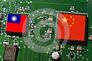 Flag of the Republic of China and Taiwan on microchips of a printed electronic circuit board. Concept for supremacy in global