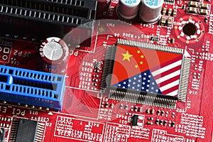 Flag of the Republic of China and the United States on microchip of a PC Motherboard.in microchip and