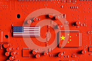 Flag of the Republic of China and USA on the microchips of a red painted printed electronic circuit board. Concept for supremacy