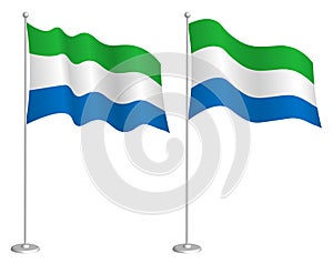 Flag of Republic of Sierra Leone on flagpole waving in wind. Holiday design element. Checkpoint for map symbols. Isolated vector