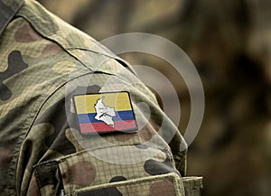 Flag of Revolutionary Armed Forces of Colombia FARC on military uniform. Revolutionary Armed Forces of Colombia â€” People`s