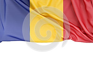 Flag of Romania isolated on white background with copy space below. 3D rendering