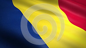 Flag of Romania. Realistic waving flag 3D render illustration with highly detailed fabric texture.