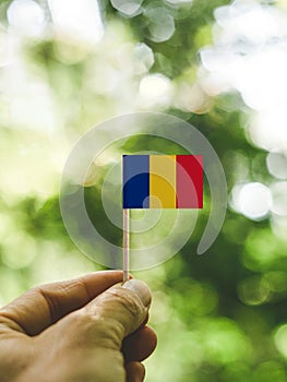 The Flag of the Romania which is held in hand.