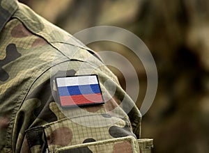 Flag of Russia on military uniform. Army, troops, soldiers. Collage photo