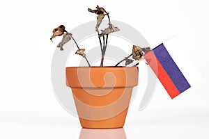 Flag of russia or russian federation in a flowerpot with drought