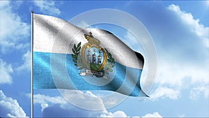 The flag of San Morino. Motion. A light two-tone flag consisting of white and blue in the center of which is an image