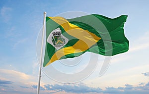 flag of Santa Barbarad Oeste Sao Paulo , Brazil at cloudy sky background on sunset, panoramic view. Brazilian travel and patriot
