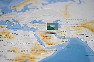 The Flag of saudi arabia in the world map