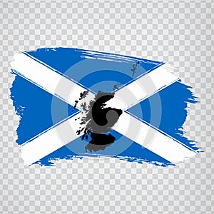 Flag of  Scotland from brush strokes. Blank map of Scotland. Great Britain. High quality map of Scotland and flag on transparent b