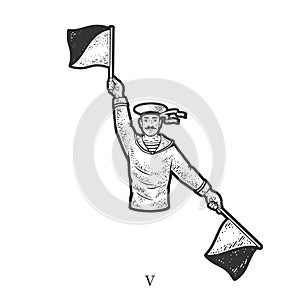 Flag semaphore letter V sketch vector illustration