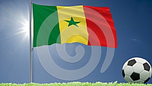 Flag of Senegal fluttering and a football rolls on the lawn, 3d rendering.