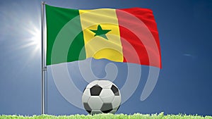 Flag of Senegal fluttering and a football rolls on the lawn, 3d rendering, 4k footage
