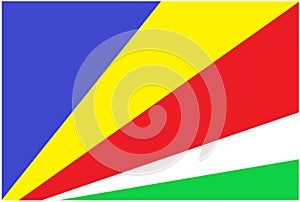 The flag of Seychelles blue yellow red white green diverging from hoist end to the other end