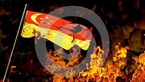 flag of Singapore on burning fire bg - hard times concept - abstract 3D rendering