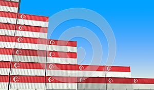 Flag of Singapore on containers forming declining trend of graph. National crisis or meltdown related conceptual 3D