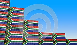 Flag of South Africa on containers forming declining trend of graph. National crisis or meltdown related conceptual 3D