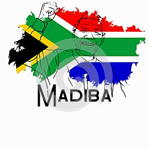 Flag of South Africa with silhouette of Nelson Mandela\'s drawing in black, white background and Madiba writing photo