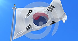 Flag of South Korea waving at wind with blue sky, loop