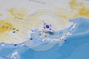 The flag of South Korea in the world map
