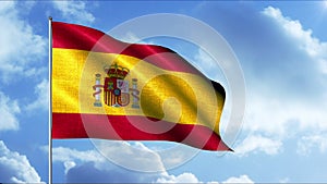 Flag of Spain. Motion.The red-yellow flag of Spain waving in the blue sky.