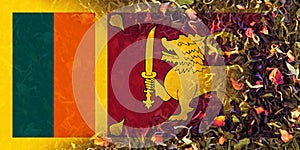 Flag of Sri Lanka mixed with the leaves of Ceylon tea