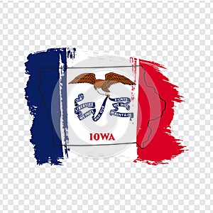 Flag of State Iowa from brush strokes and Blank map of Iowa. United States of America. High quality map Iowa and flag on transpare