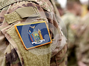 Flag the State of New York on military uniform. United States. USA, army, soldiers. Collage