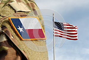 Flag the State of Texas on military uniform. United States. USA. Collage