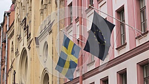 Flag of Sweden and the European Union on the building of the Consulate General of Sweden, St. Petersburg
